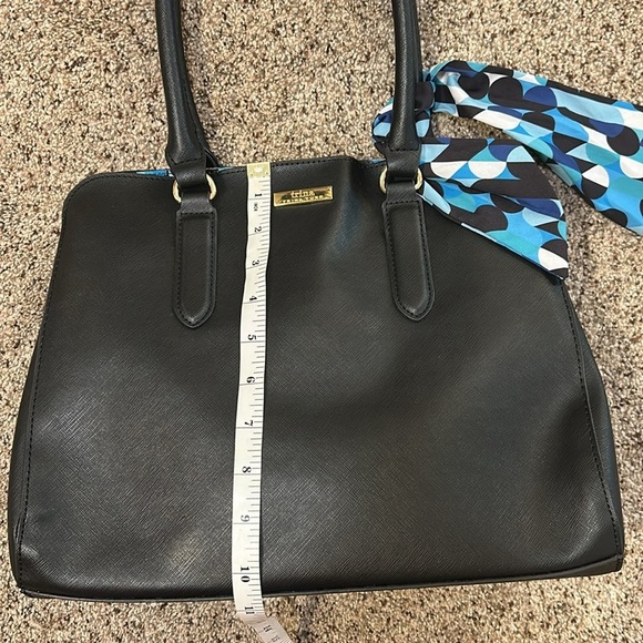 TRINA TURK BLACK VEGAN SHOULDER BAG BLUE BLACK DOT INTERIOR WITH BAG SCARF - Picture 11 of 16